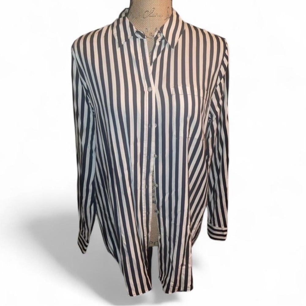 Jane & Delancey Black White Striped Button Down Blouse Work Office Classic M